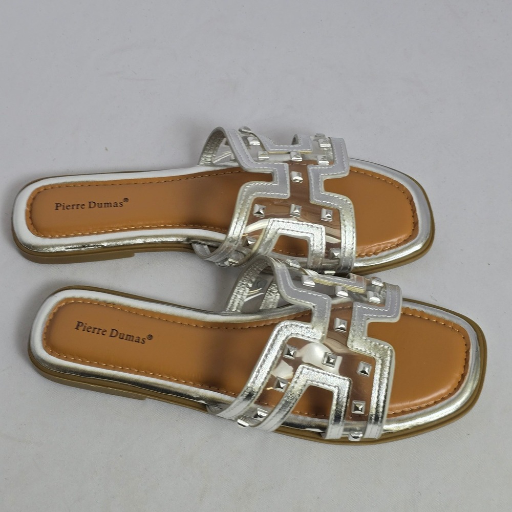 Pierre Dumas Silver Studded H-Strap Slide Sandals Women Size 9 Clear Vinyl Flat - Picture 2 of 6